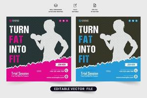 plantilla de publicidad de gimnasio de fitness para marketing digital. vector de publicación de redes sociales de negocios de gimnasio con colores rosa y azul. diseño de banner web promocional de sesión de entrenamiento de gimnasio con formas abstractas.