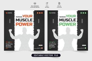 Gym training social media post design with photo placeholders. Fitness training session advertisement template design with dark backgrounds. Gym classes promotional web banner design with brush effect vector