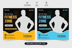 diseño de publicaciones en redes sociales promocionales de gimnasio con marcadores de posición de fotos. vector de cartel promocional de negocios de gimnasio con ofertas de descuento. diseño de plantilla de publicidad de gimnasio de fitness con colores amarillo y azul.