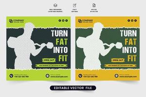 Fitness gym social media post vector with photo placeholders. Gym promotional web banner design with green and yellow colors. Gym management and advertisement template vector for marketing.