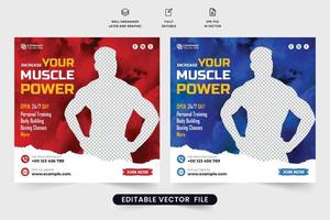 Gym Crossfit training social media post design for digital marketing. Fitness gym club promotional template vector with red and blue colors. Modern gym business advertisement web banner vector.