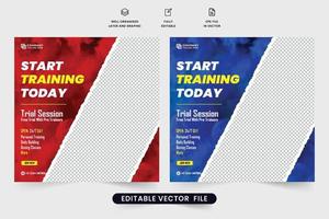 Fitness gym training social media post vector with blue and red colors. Professional gym business promotional web banner design with brush effect. Gym advertisement template with photo placeholders.