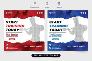 Gym training session social media post vector for digital marketing. Modern gym business promotional web banner design with blue and red colors. Gym workout advertisement poster vector.