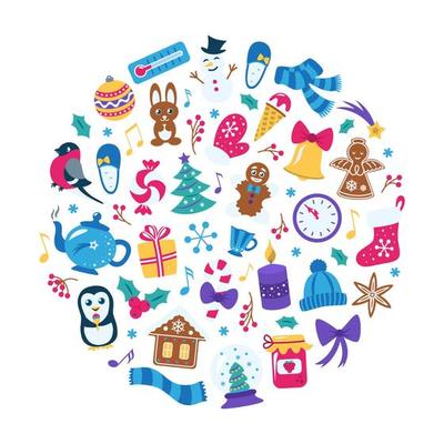 Winter Season Cute Elements Collection in Round Shape Composition
