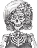 Art fashion model skull day of the dead. Hand drawing and make graphic vector. vector