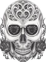 arte del tatuaje del cráneo del día de los muertos. dibujo a mano y hacer vector gráfico.