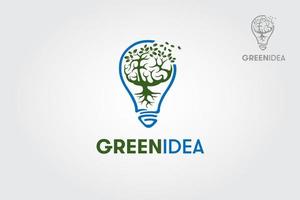 Green  Idea vector logo. This is a minimalist modern logo featuring a light-bulb that includes a stylized shapes of tree.