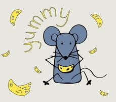 el ratón gris se sienta y come queso. ilustración de bebé emocional en vector de estilo de doodle de color