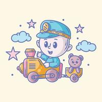 Cute boy driving a train full color vector