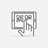 mano y tableta con código qr icono de concepto de vector lineal