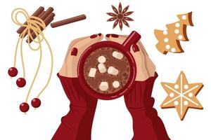 Red mug of cocoa with marshmallows in female hands. Nearby lie cinnamon sticks and a flower, gingerbread in the shape of a star and a Christmas tree. Vector illustration isolated on white background.