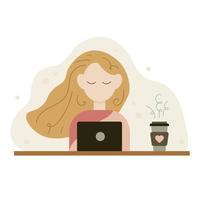 Young Woman Working And Studying At Home Workspace Vector Illustration