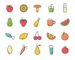 alimentos saludables verduras frutas vector línea iconos colorido ilustración conjunto