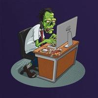 Green cartoon zombie employee working at the front of computer vector