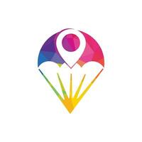 logotipo vectorial de paracaídas con diseño de puntero gps. logotipo de icono de paracaídas y gps. plantilla de diseño de logotipo de estrella deportiva. vector