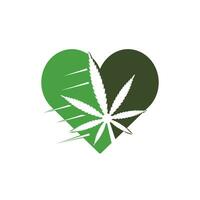 Me encanta el diseño del logotipo del vector de hoja de cannabis. Ilustración de vector de plantilla de diseño de logotipo de hoja y corazón de marihuana.