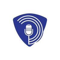 Podcast logo design. Studio table microphone with broadcast icon design. vector