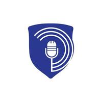 Podcast logo design. Studio table microphone with broadcast icon design. vector