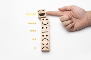 Highest quality of service. The hand of the customer rated the highest satisfaction with 5-star rating. Best service, Survey, The wooden block has an emoticon photo