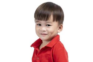 happy smiling little boy on white background, happy face, eyes photo