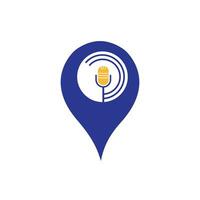 diseño de logotipo de podcast y pin de mapa. micrófono de mesa de estudio con diseño de icono de transmisión. vector