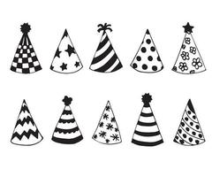 black and white doodle illustration of festive party hats vector