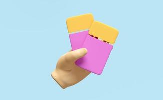 3d hands hold ticket booking cinema, theatre, concert, play, party, event, festival, sky train, airplane isolated on pink background. 3d render illustration photo