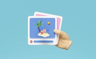 Las manos 3d sostienen las redes sociales o la plataforma de comunicación en línea con salvavidas, salpicadura de agua, palmera, íconos de juego, marco de fotos aislado en fondo azul. concepto de viaje de verano, ilustración de presentación 3d