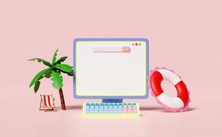 laptop computer monitor 3d with blank search bar, palm tree, lifebuoy, beach chair, isolated on pink background. hotel room reservation, template concept, 3d render illustration photo