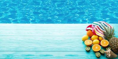 Summer holiday banner background. Fruits on blue wooden floor near swimming pool. Oranges, pineapple, kiwi, lemon food. Sea shell. Selective focus. Copy space. Beach concept photo