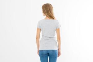 Woman in template blank t shirt isolated on white background. Back view. Mock up. Copy space. photo