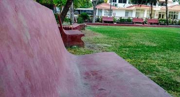 un banco vacío en el parque frente a la cabaña dadi se encuentra en shantivan foto