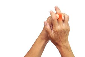 Woman's hand suffering from joint pain on white background with clipping path. Healthcare and office syndrome concept. photo