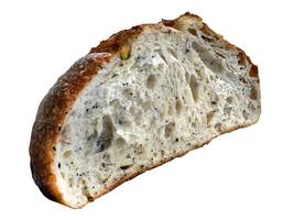 Close up Side view inside of baked brown sourdough, natural yeast, artisan, isolated, cutout, transparent, object, element with clipping path