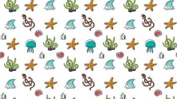 Seamless vector pattern with shells and fish