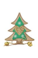 Wooden Christmas tree with green and sparkling heart and jingle bells on  white isolated background. New Year. Copy space photo