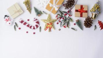 Top view Christmas flat lay  decorations on white background photo