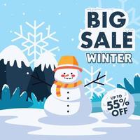 social media winter sale background with cute snowman vector