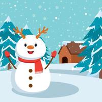 Cute christmas snowman in winter illustration vector