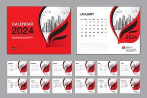 vector de conjunto de plantillas de calendario 2024, la semana comienza el domingo, conjunto de 12 meses, calendario de escritorio 2024 año, diseño de calendario de pared 2024, plantilla comercial, diseño de papelería, medios de impresión, diseño de portada roja