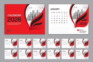 vector de conjunto de plantillas de calendario 2026, la semana comienza el domingo, conjunto de 12 meses, calendario de escritorio 2026 año, diseño de calendario de pared 2026, plantilla comercial, diseño de papelería, medios de impresión, diseño de portada roja