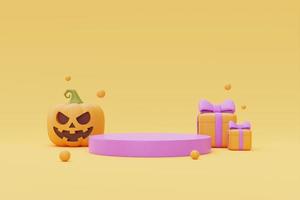 Happy Halloween with podium display and Jack-o-Lantern pumpkins and gift boxes on yellow background, traditional october holiday, 3d rendering. photo