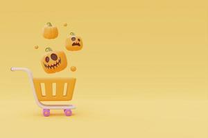 Happy Halloween sale with Jack-o-Lantern pumpkins and shopping cart on yellow background, traditional october holiday, 3d rendering. photo