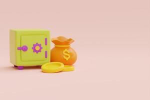 Safe box with dollar coin and graph on pastel background, money saving concept, Business financial investment, 3d rendering. photo