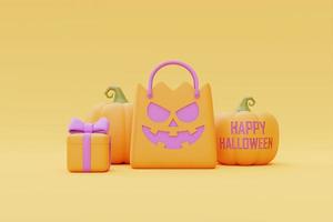 Happy Halloween with Jack-o-Lantern pumpkins, shopping bag and gift box on yellow background, traditional october holiday, 3d rendering. photo