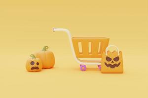 Happy Halloween sale with Jack-o-Lantern pumpkins and shopping cart on yellow background, traditional october holiday, 3d rendering. photo