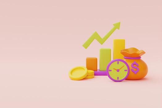 valor temporal del concepto de dinero con pilas de reloj y monedas, gestión del tiempo, inversión a largo plazo, fecha límite de pago, representación 3d. foto