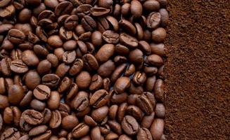 Image of coffee beans and ground instant coffee. Background of coffee beans and coffee powder. photo