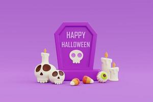 Happy Halloween with grave, skull, candle and candies on purple background, traditional october holiday, 3d rendering. photo