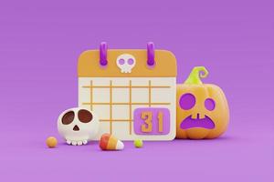 feliz halloween con calendario, calabazas jack-o-lantern, dulces coloridos sobre fondo morado, vacaciones tradicionales de octubre, representación 3d. foto